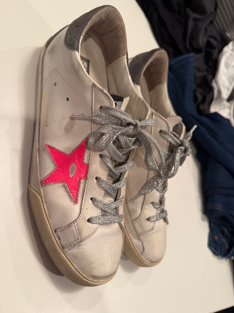 Golden Goose White Leather Sneakers With Hot Pink Star & Silver Laces